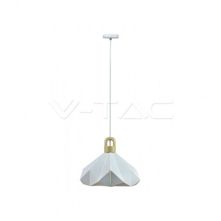 Pakabinamas šviestuvas V-TAC, E27, baltas, metalas ir medis, prizmės formos, 320 x 270mm.
