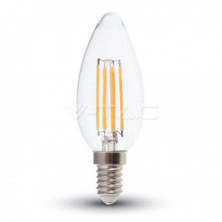 6W LED lemputė V-TAC E14 , filamentinė, skaidriu stiklu, žvakės forma, 4000K (natūraliai balta)