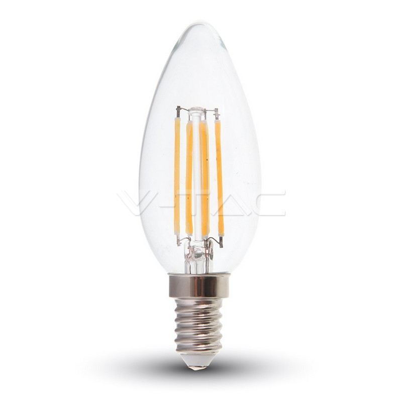 6W LED lemputė V-TAC E14 , filamentinė, skaidriu stiklu, žvakės forma, 4000K (natūraliai balta)
